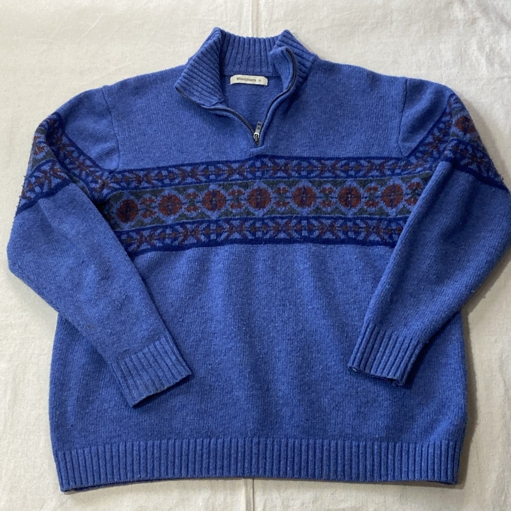 Woolovers Jumper Mens Medium Blue 100% Wool Quarter Zip Pullover Sweater Cuffed
